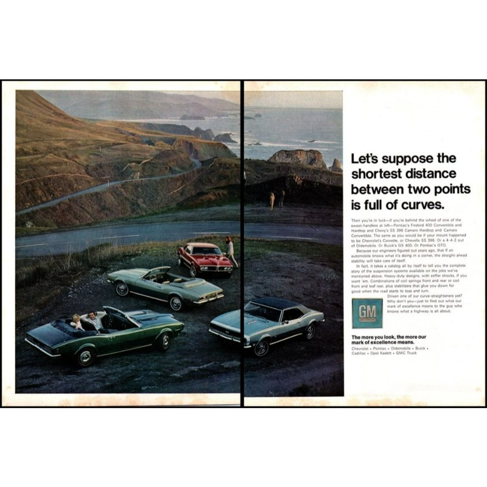 1968 Chevy Camaro Pontiac Firebird 2 Page Vintage Print Ad Curvy Road Ocean Art